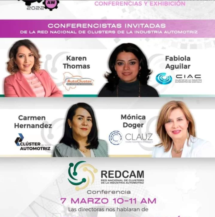 Mujeres líderes de los clústeres automotrices | Expo Mujer Automotive 2022 Karen Thomas, Fabiola Aguilar, Carmen Hernández y Mónica Doger como conferencistas invitadas en Expo Mujer Automotive 2022.